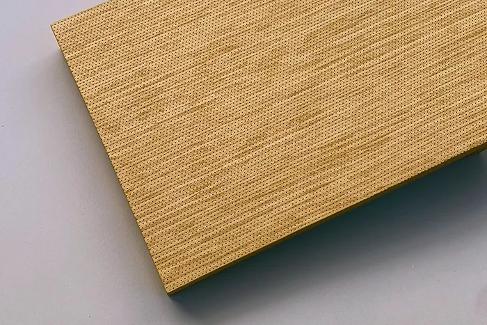 Closeup of a sample of Legno microperforated acoustical wood